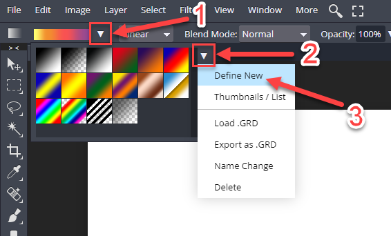 Click Define New in the dropdown menu next to the gradients list to save a gradient