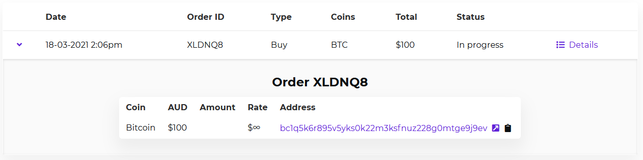 Screenshot of a Bitcoin purchase order from Easy Crypto