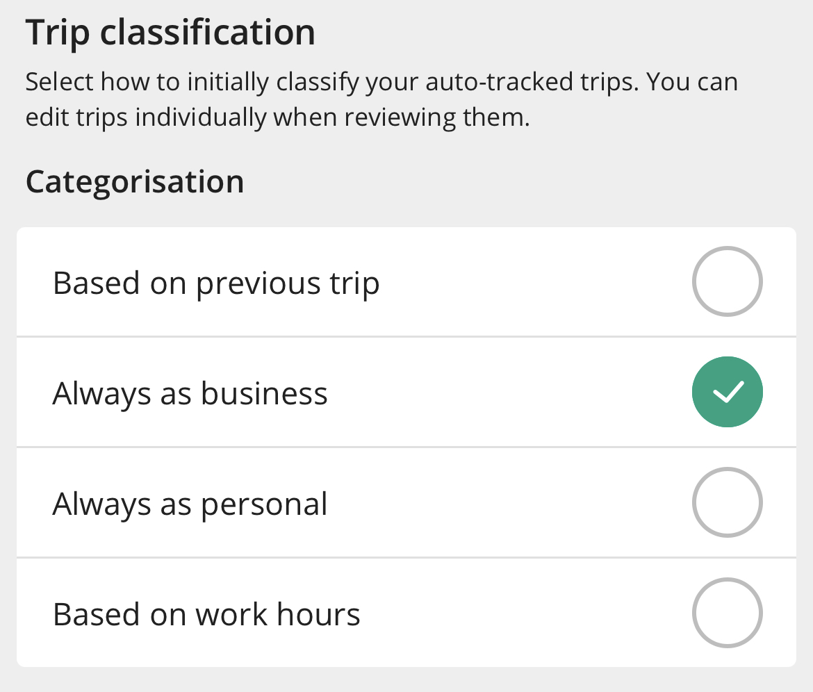 Trip classification options in settings