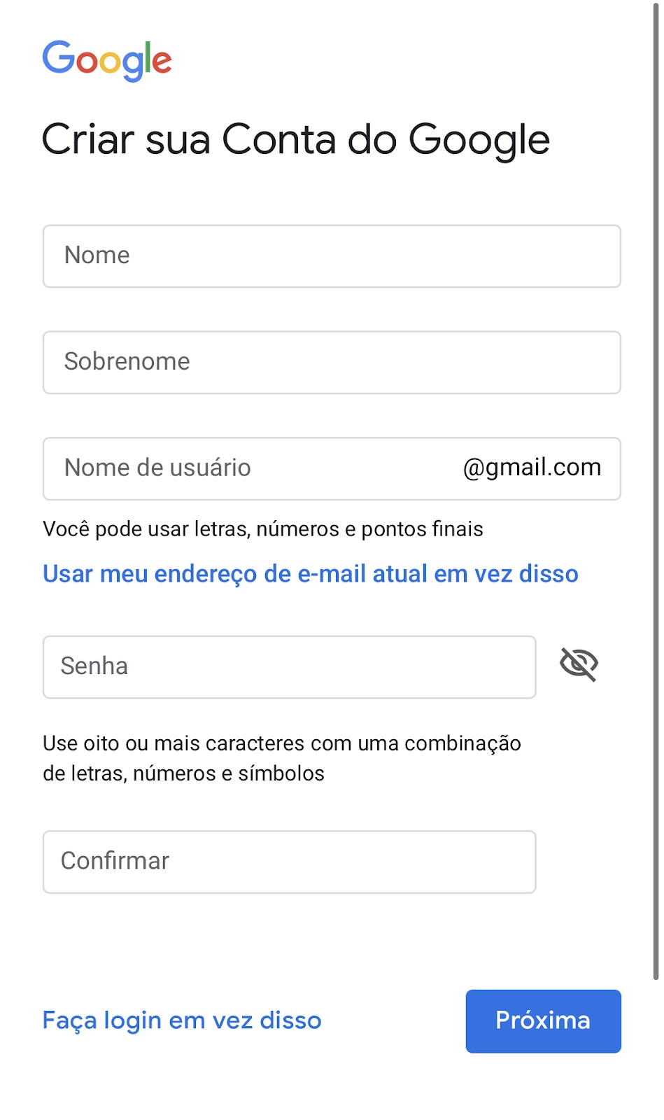 página inicial para criar uma nova conta do Google