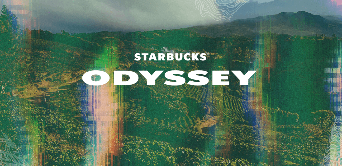Top 10 Loyalty Programs 2022–A screenshot from Starbucks’ Stories and News page of their Starbucks Odyssey logo. The image shows a landscape of green fields with a blue, futuristic tint overlaying it. In the foreground the words, ‘Starbucks Odyssey’ are written in white block letters. 
