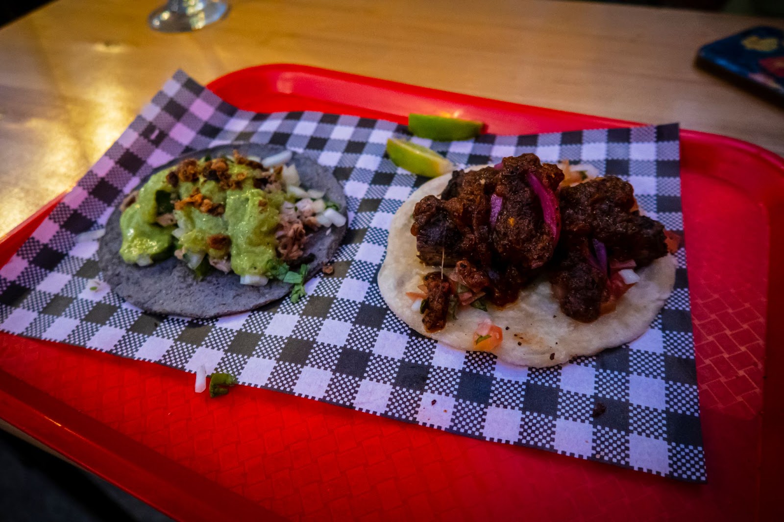 One Chicken and one Brisket soft taco
