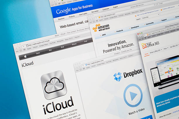 Cloud Storage Service Providers Izmir, Turkey - November 16, 2011: Cloud storage service providers web sites on the computer screen including Apple iCloud, Google Apps for Business, Amazon Web Services, Microsoft Office 365 and Dropbox. Cloud storage service technologies most of the future web based technologies.  microsoft  stock pictures, royalty-free photos & images