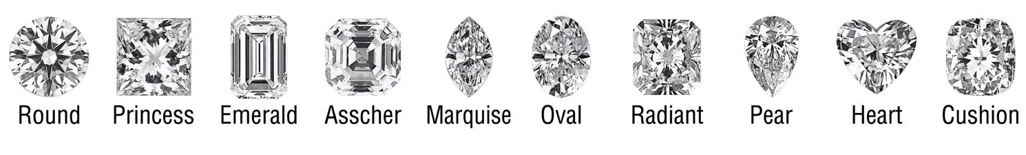 10 shapes of diamonds. Round, Princess, Emerald, Asscher, Marquise, Oval, Radiant, Pear, heart, Cushion Cut Diamonds. Dallas Diamonds