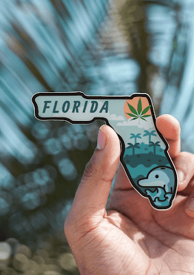 the picture shows the state of Florida, in it we see dolphins, hemp and the name of the state itself