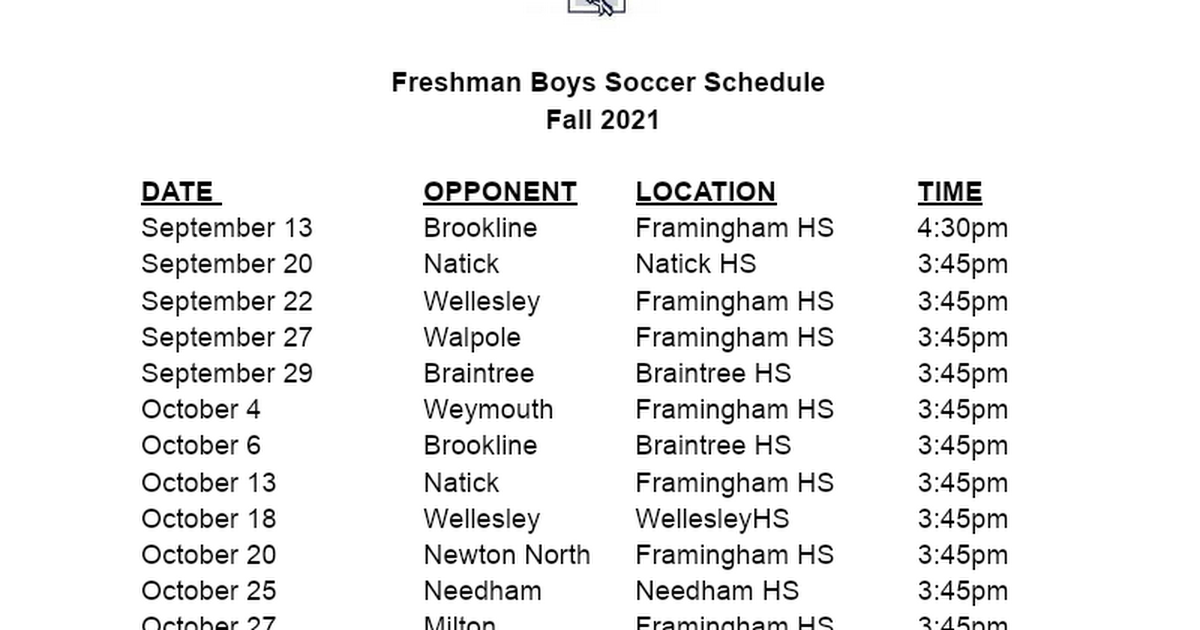 Freshman Boys Soccer Schedule 2021