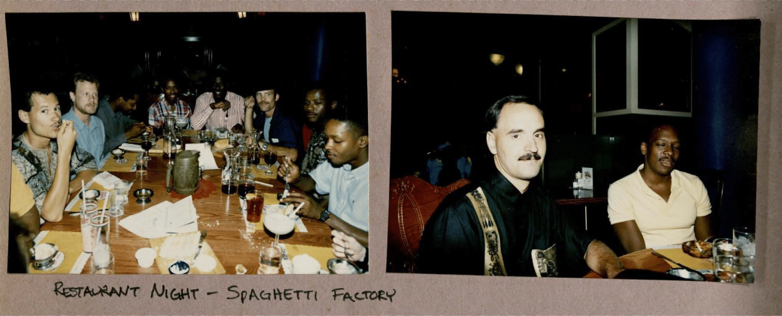 Two side-by-side photos of the, then-titled, Black and White Men Together-Kansas City (BWMT-KC) Chapter members gathering for a restaurant night at Spaghetti Factory (ca. 1980–1991). The first photo captures the group mid-meal. The second photo is of Douglas Reynolds and an unidentified member. Doug Reynolds wears a silk black shirt with gold patterned print down the right side and left pocket. 