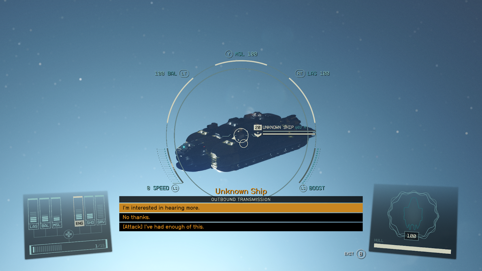 An in game screenshot of a random ship encounter in the sci fi game Starfield.