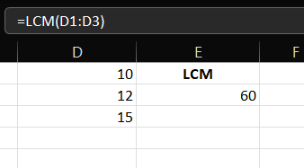 Hpw to find the LCM of three numbers (10, 12 and 15) stored in D1 to D3, you would use the formula: