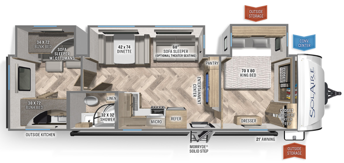 Palomino SolAire Ultra Lite 320TSBH floorplan with washer dryer prep space