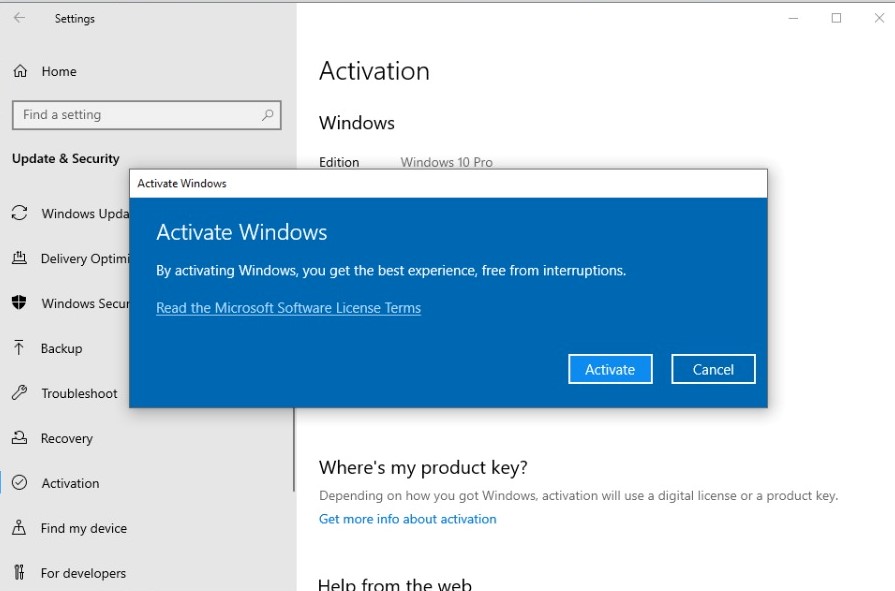 Activate Windows 10 Pro with key