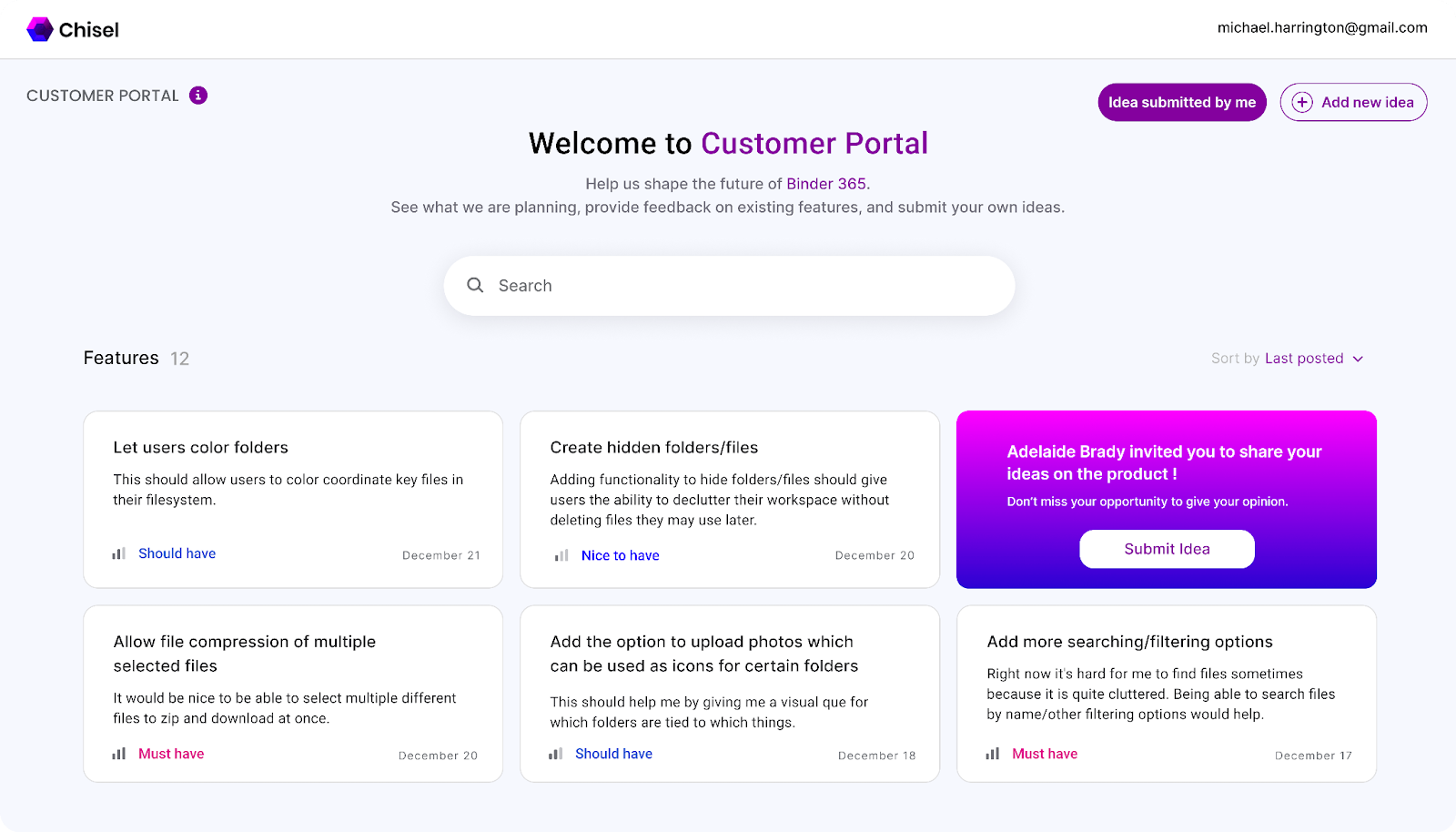 Chisel's feedback portal empowers customers to share, store, and prioritize their ideas effortlessly.