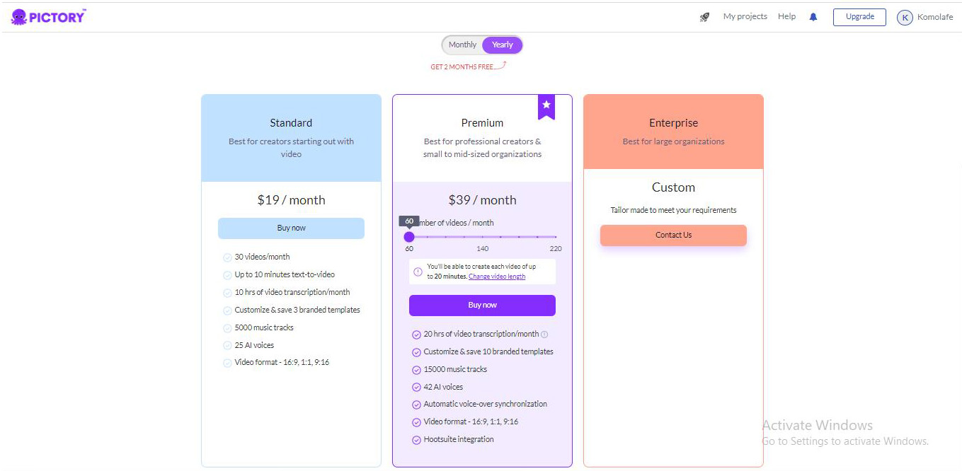 Pictory Pricing Page