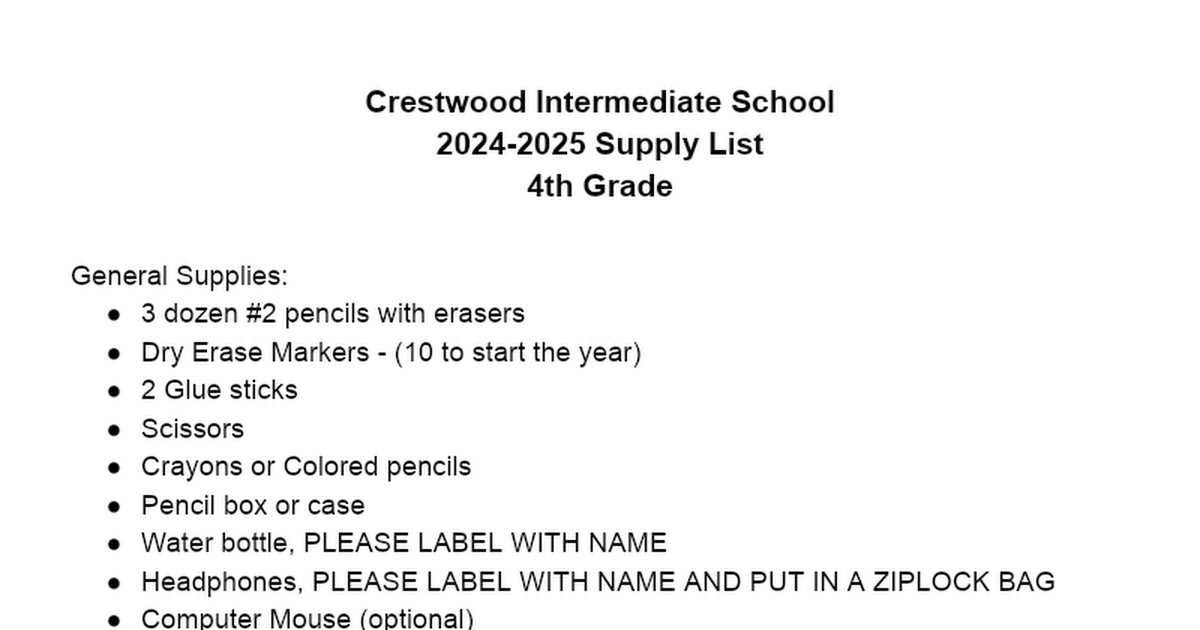 4th Grade Supply List