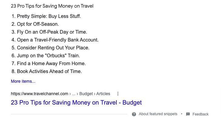 Screenshot of a featured snippet from Google Search query