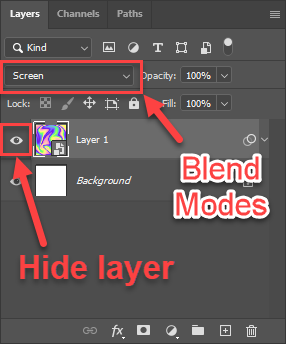 Image is showing to change Layer 1's Blend Mode to Screen in the Layers panel and to hide the layer