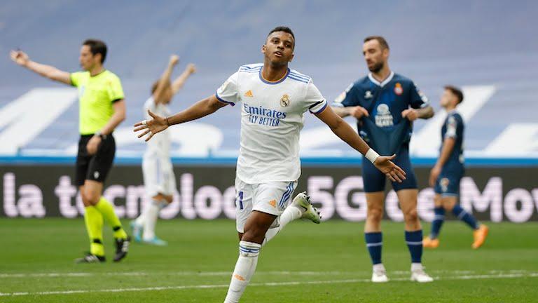 Rodrygo Silva celebrates after scoring the first goal for Real Madrid against Espanyol
