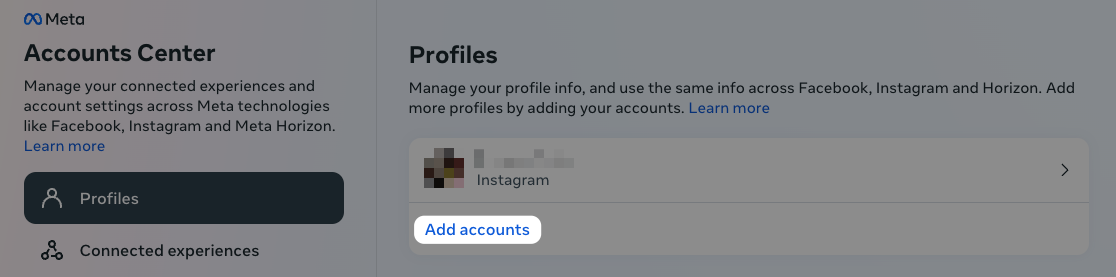 Screenshot of Instagram settings with “Add accounts” highlighted