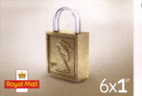 British Stamps Self Adhesive Booklets Item: view larger image for SG MB18 (2016) - ''Padlock'' design<br/>
Containing SG2968dx6<br/>
The ''1st'' on the cover has serifs at base