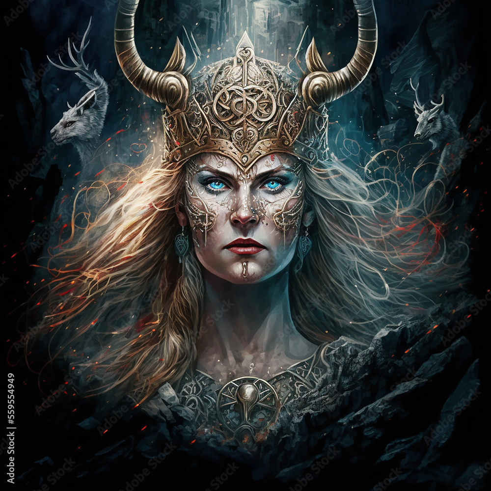 The depiction of Hel showcases a striking golden-horned headpiece that elegantly adorns her golden locks. Her piercing blue eyes, etched with intricate gold patterns on her cheeks and chin, exude an intense yet captivating gaze. 