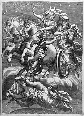 This is an illustration of Selene on her chariot led by her horses. 