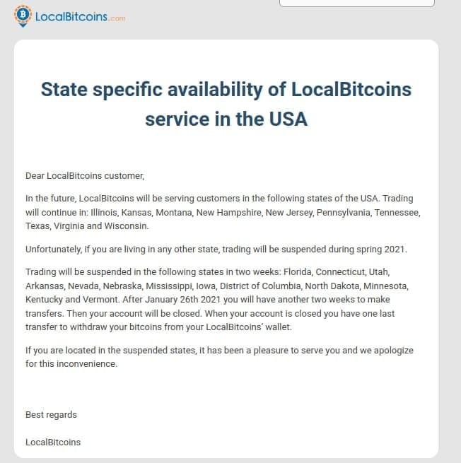 LocalBitcoins to Limit US Trading to Only 10 States