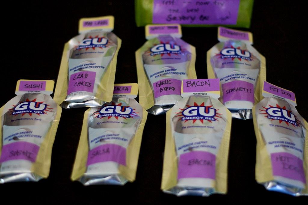 A range of GU energy gels in multiple flavors.