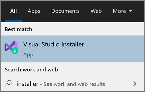 Visual Studio Installer in the Windows Start menu for 2019