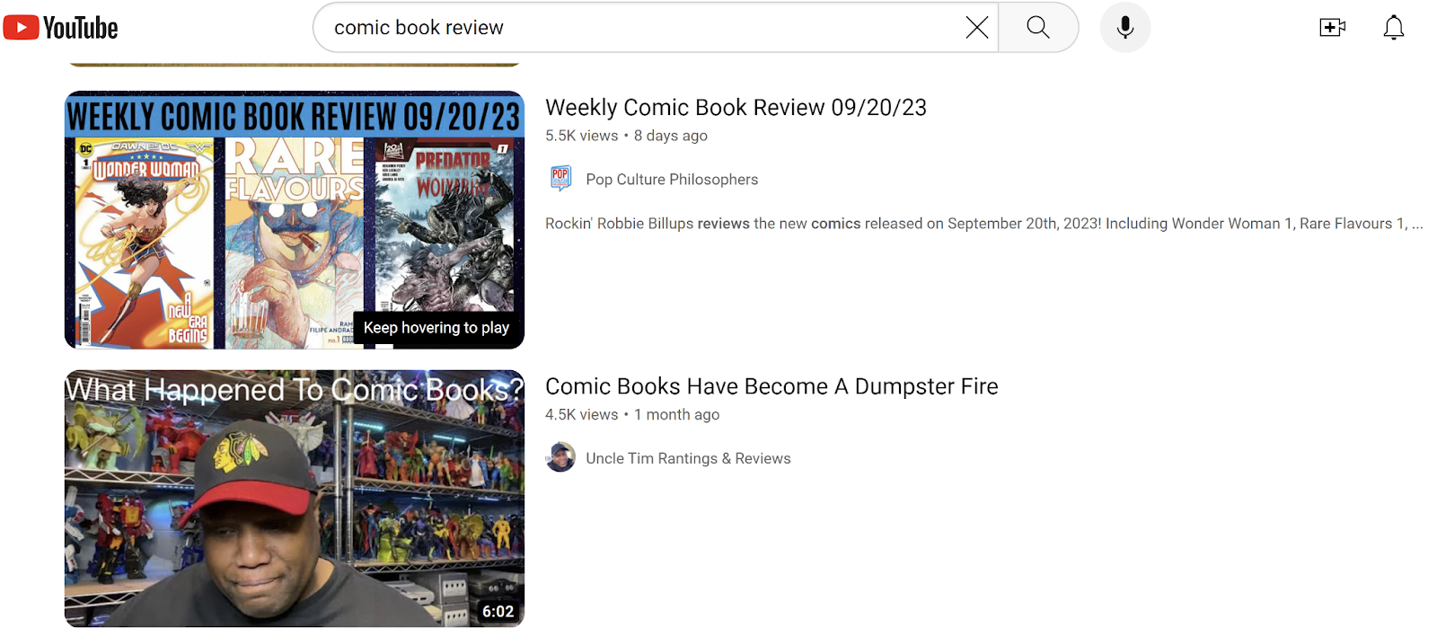 Screen shot YouTube results for comic book review