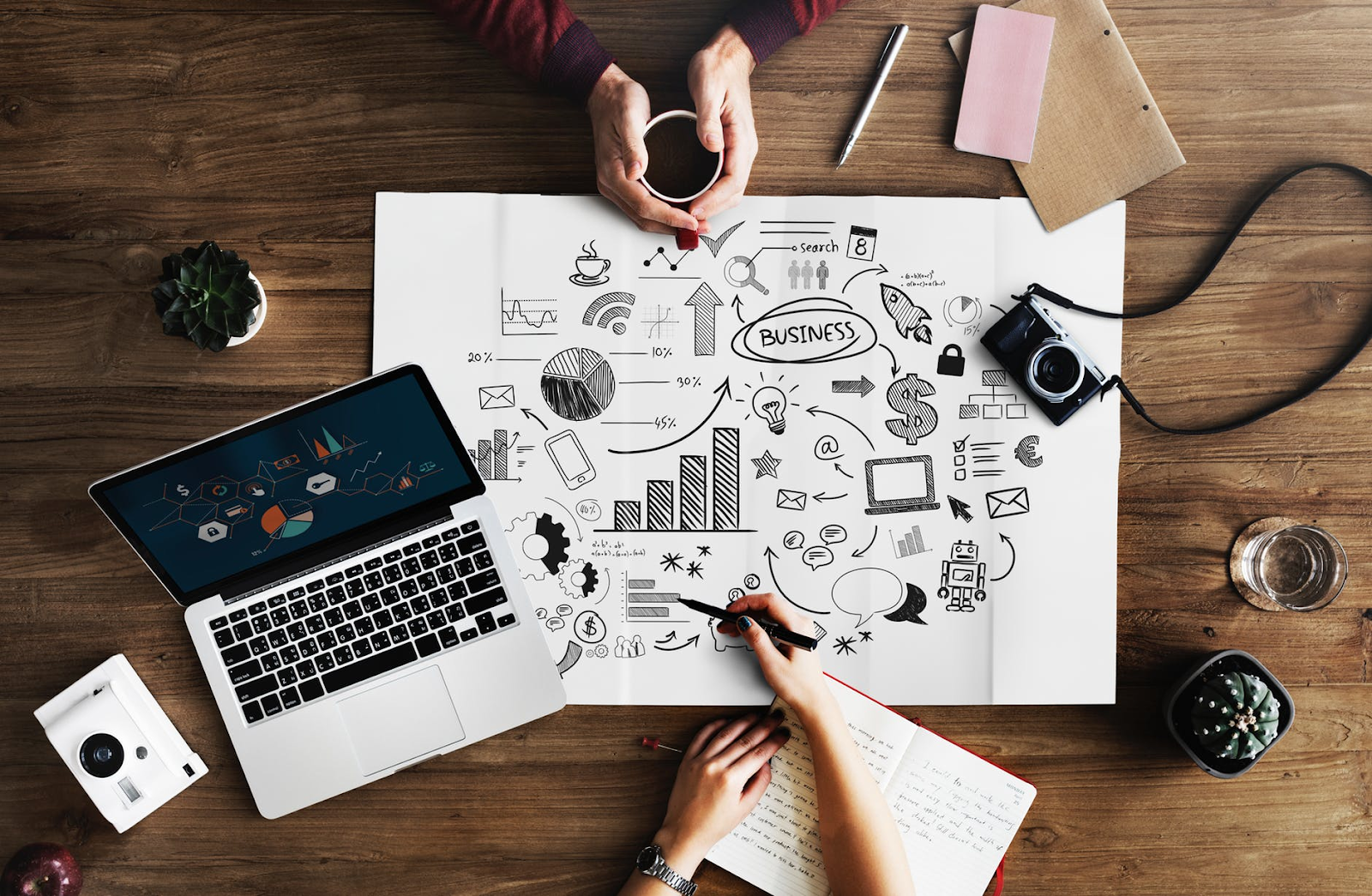 graphic business outline 4 key steps open lapton