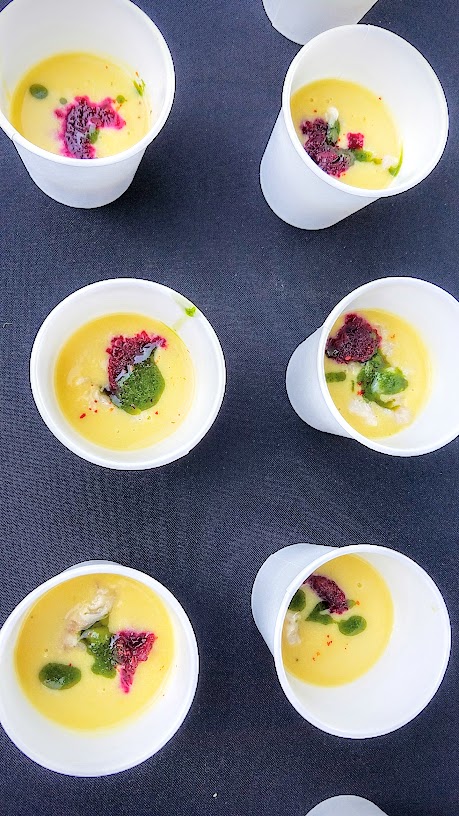 Johnny Nunn from Verdigris at CigarBQue Portland 2016 made Chilled Corn Soup with Smoked Trout and Beet Relish