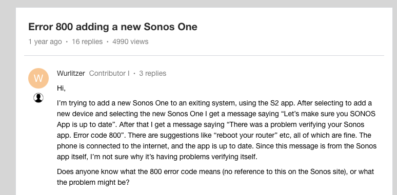 Sonos Error Code 800