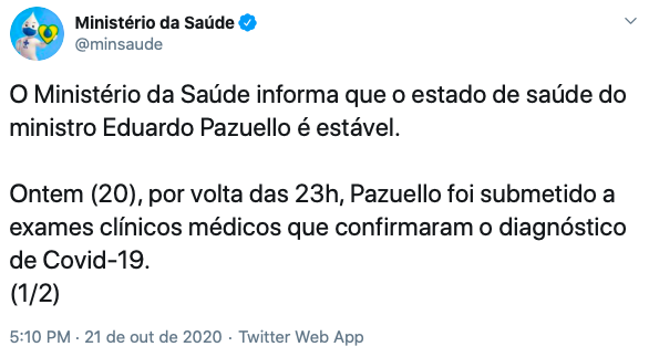 Exame confirma que ministro da Saúde, Eduardo Pazuello, está com covid-19