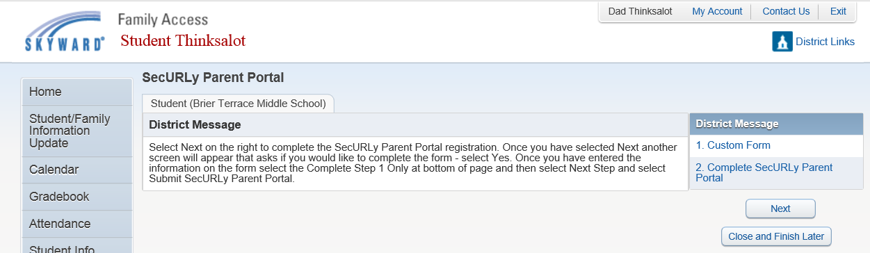 Screenshot of District Message in Skyward about Securly Parent Portal.