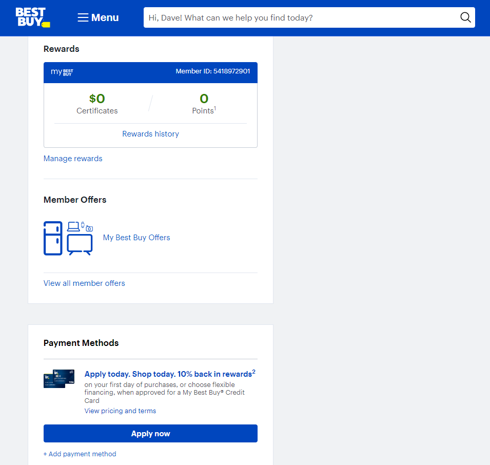 ‘my best buy member section with rewards and Offers.