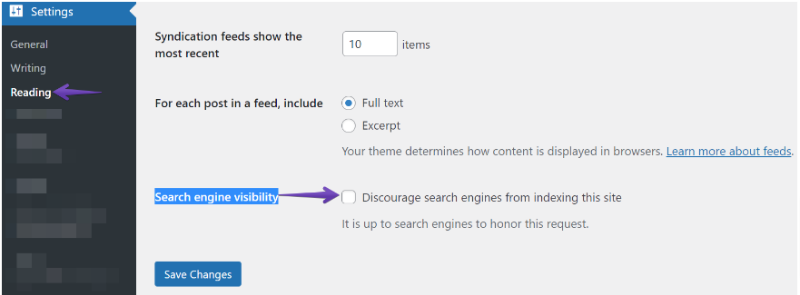 discourage search engines from indexing in WordPress screenshot