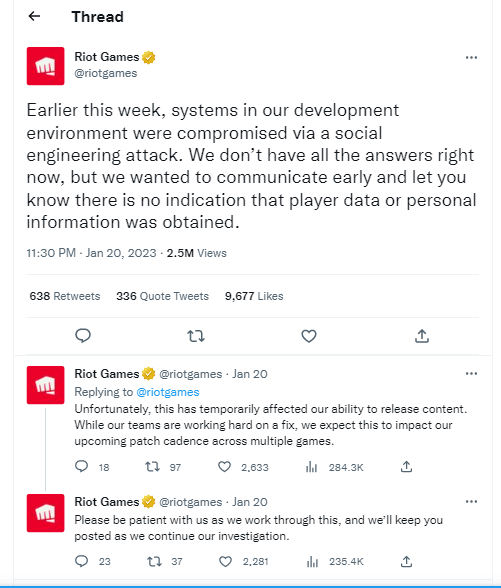 Riot Games hack announcement Twitter thread