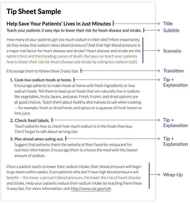 Tip Sheet Sample. Outlines the title, subheading, scenario, transition, tips with explanations, and wrap up.