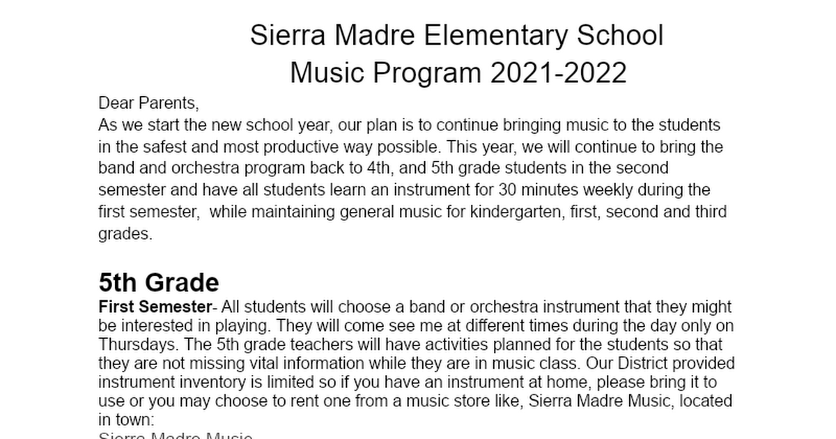 Sierra Madre Elementary School Music Program 2021-2022
