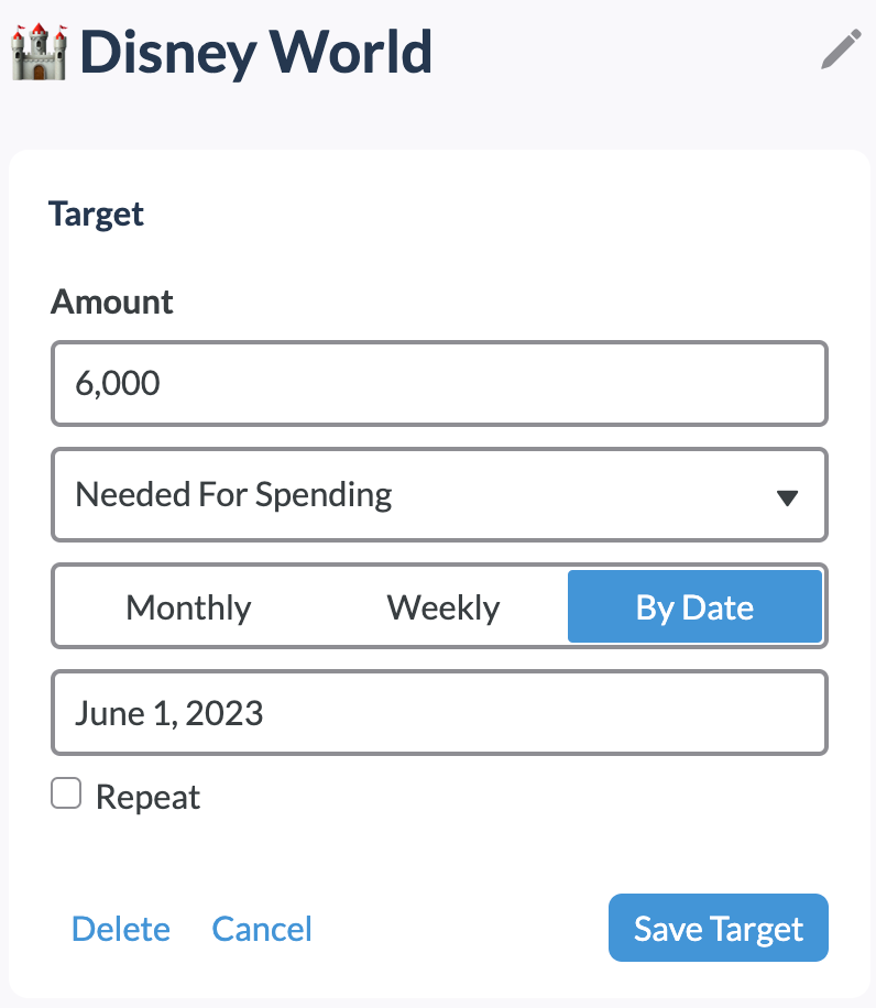 Enter your savings target and date needed by in YNAB.