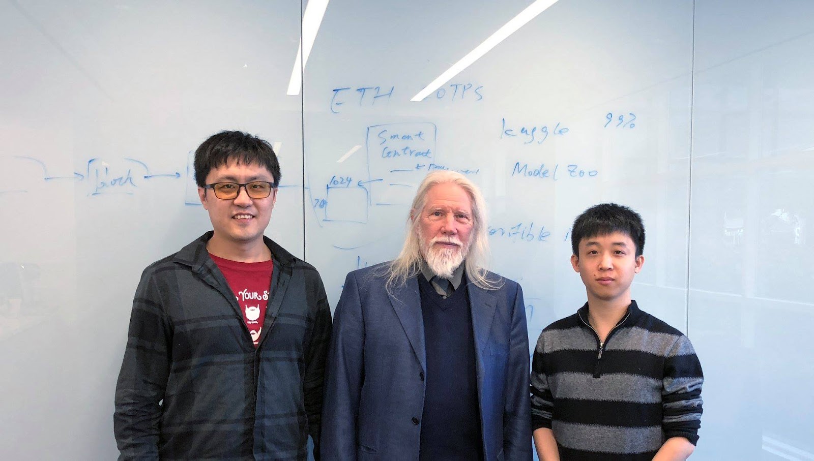 ภาพจากซ้ายไปกว่าได้แก่ Ziqi Chen CEO ของ Cortex Labs, ศาสตราจารย์ Whitfield Diffie และขวาสุดคือ Weiyang Wang CTO ของ Cortex Labs