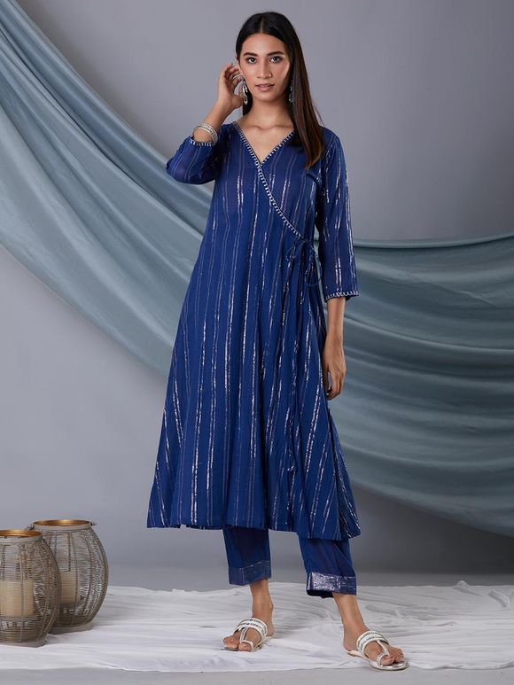 Blue Cotton Lurex Zari Angarkha Kurta