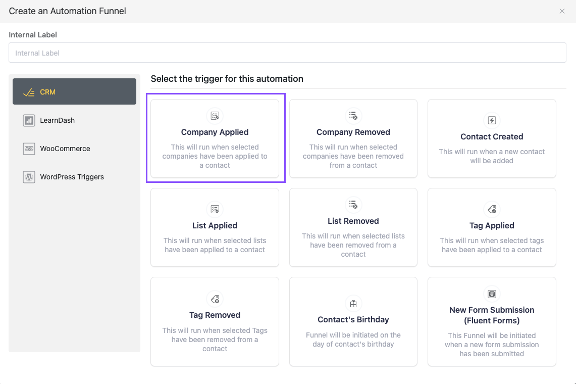 FluentCRM 2-8-3: Company applied trigger