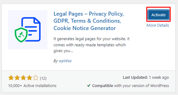 Activate the plugin to create disclaimer and privacy policy pages