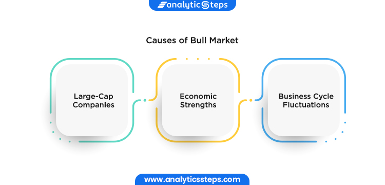 Image represents the causes of bull market which includes large-cap companies, economic strengths and business cycle fluctuations.