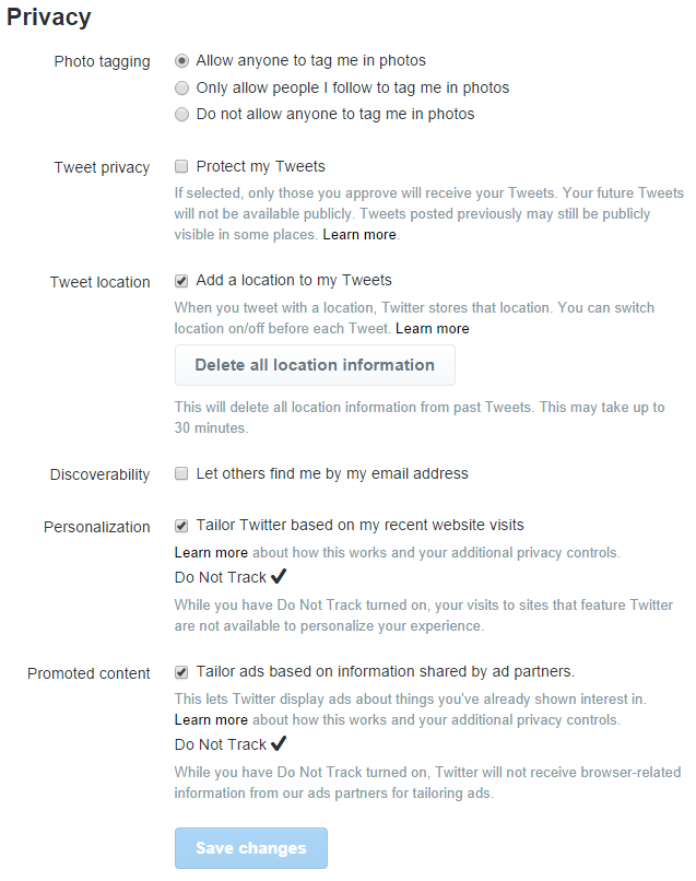 Screenshot of Twitter privacy options