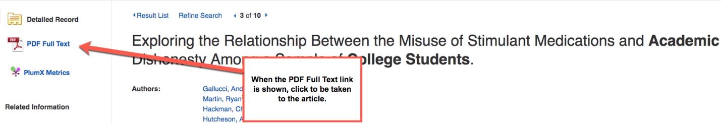 Image shows article entry with PDF Full text link, arrow points to link on left hand side of screen