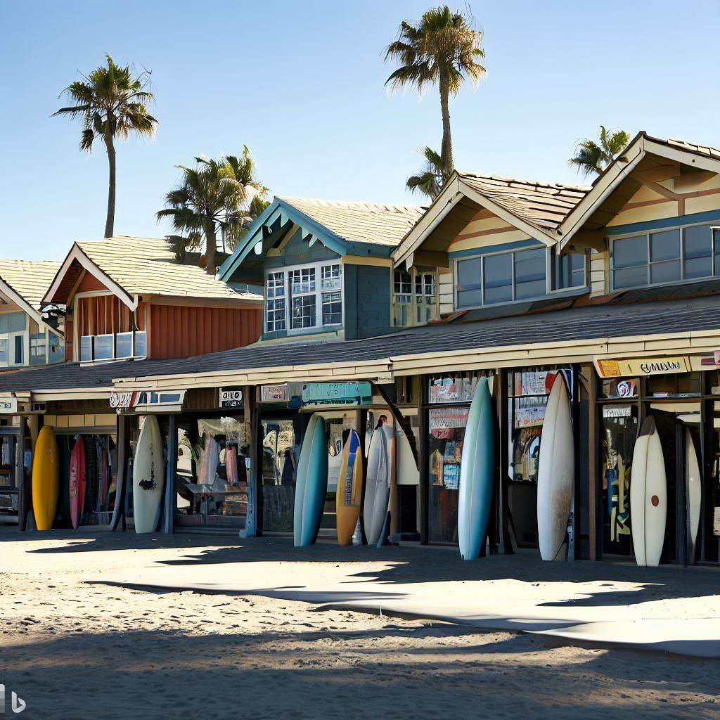 A row of surf shops on a beach strip all selling similar products. 