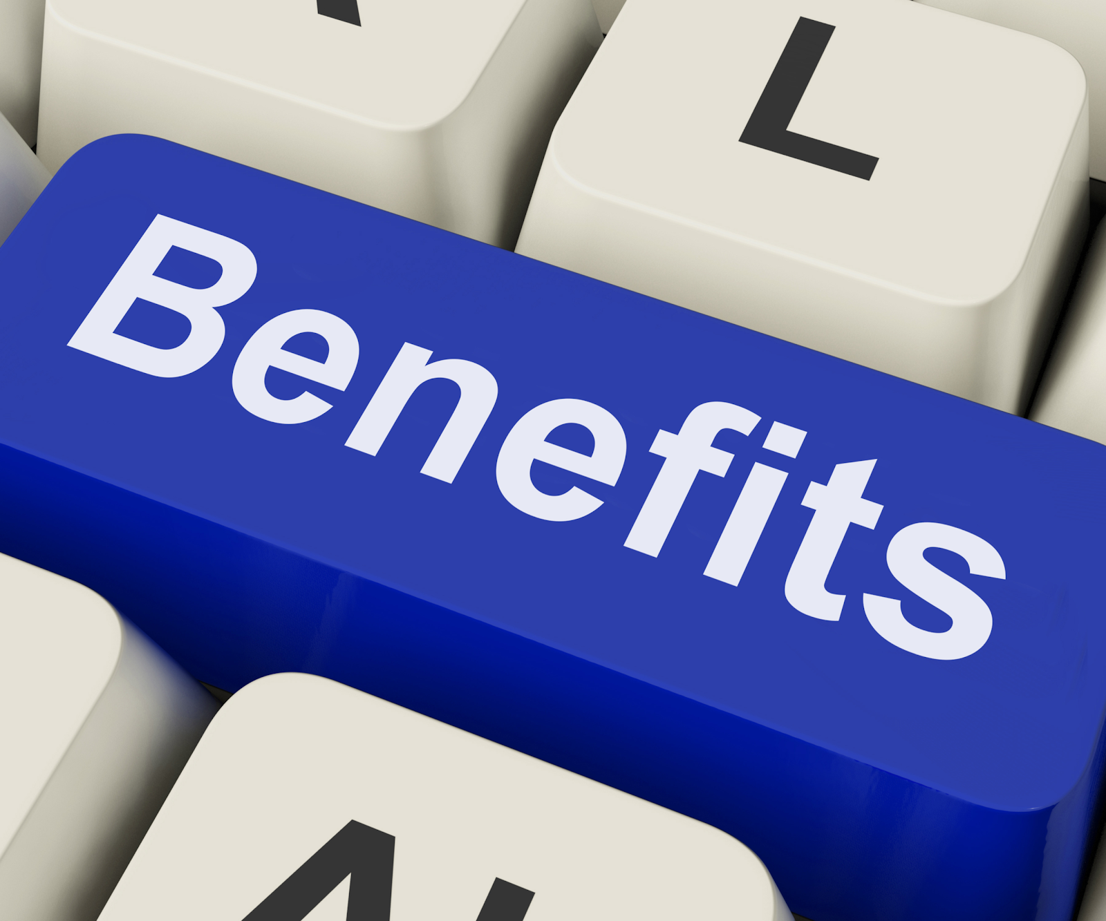 A blue key on a keyboard indicating "Benefits."