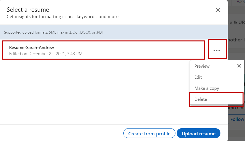 Under the three dots, you will see 'Delete' option to remove resume from LinkedIn